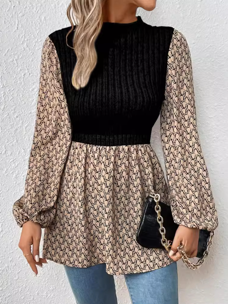 

Crew Neck Long Sleeve Geometric Regular Micro-Elasticity Regular Fit Mock Two-Piece Blouse For Women, Black, Blouses