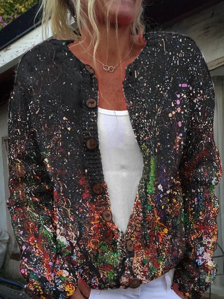 

Casual Abstract Crew Neck Cardigan, Black, Cardigans