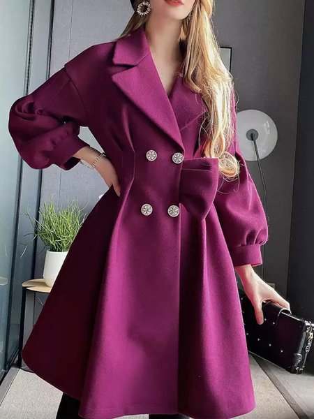 

Buttoned Balloon Sleeve Lapel Collar Plain Urban Coat, Purplish red, Coats