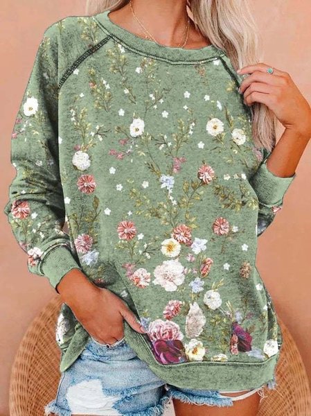 

Casual Crew Neck Floral Sweatshirt Zipper, Green, Hoodies & Sweatshirts