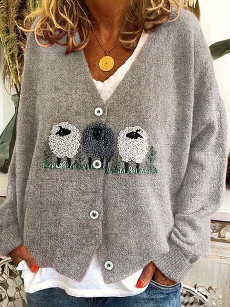 

Women Yarn/Wool Yarn Animal Long Sleeve Comfy Casual Buckle Cardigan, Gray, Cardigans