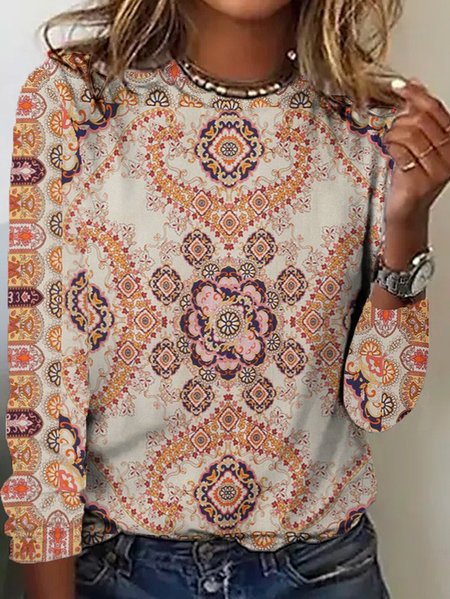 Casual Nationality/ethnic Crew Neck Long Sleeve T-shirt, Apricot, T-shirts