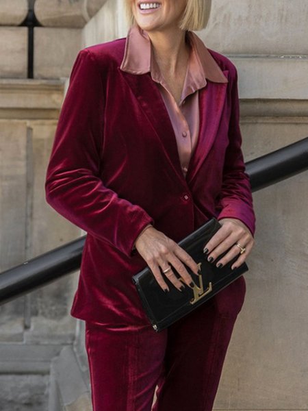 

Regular Fit Lapel Collar Urban Velvet Blazer, Red, Blazers