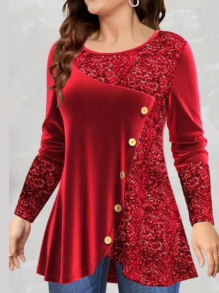 

Crew Neck Long Sleeve Plain Regular Micro-Elasticity Loose Blouse For Women, Red, Blouses