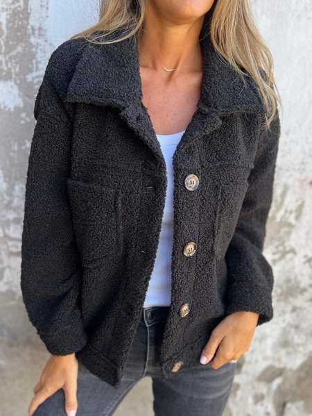 

Women's Plain Shirt Jacket Buttoned Thicken Loose Teddy Jacket, Black, Coats