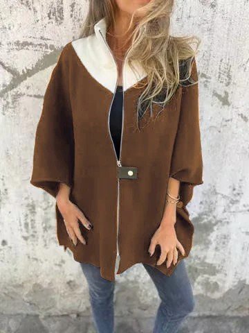 Women's Plain Cloak Thicken Loose Jacket, Deep brown, Outerwear