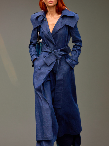 

Pocket Stitching Casual Regular Sleeve Regular Fit Plain Denim Coat With Belt, Blue, Coats