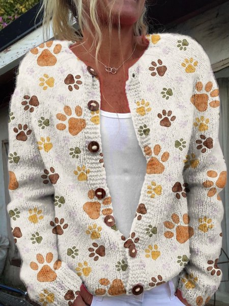 

Dog paw print casual button knit cardigan, Beige, Cardigans