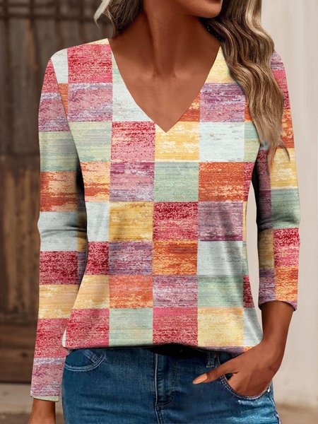 

Casual Plaid V Neck Long Sleeve T-shirt, Multicolor, T-shirts