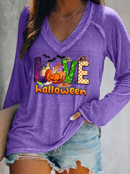

Casual V-neck Halloween T-Shirt, Purple, Long sleeves