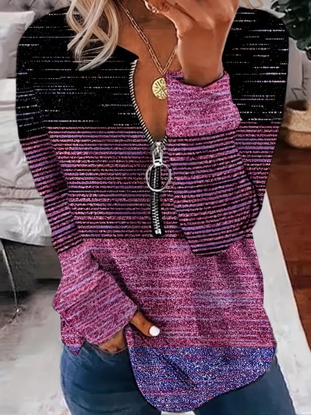Casual Crew Neck Striped Sweatshirt Zipper, Fuchsia, Hoodies & Sweatshirts