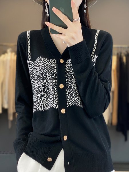 

Women's Casual Spring/Fall Geometric Wool/Knitting Cardigan, Black, Outerwear