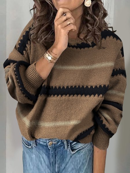 

Women's Spring/Fall Striped Casual Long Sleeve V Neck Yarn/Wool Yarn Sweater, Brown, Sweaters
