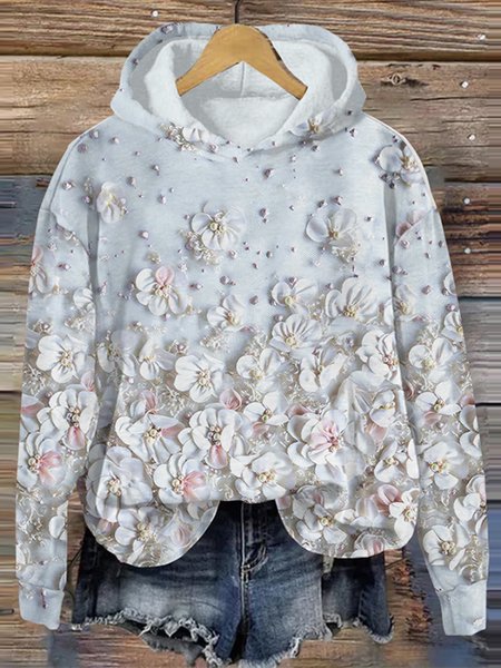 

Floral Art Printed Casual Hoodie, Light blue, Hoodies&Sweatshirts
