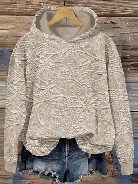 Casual Hoodie Floral Print Hoodie, Brown, Hoodies & Sweatshirts