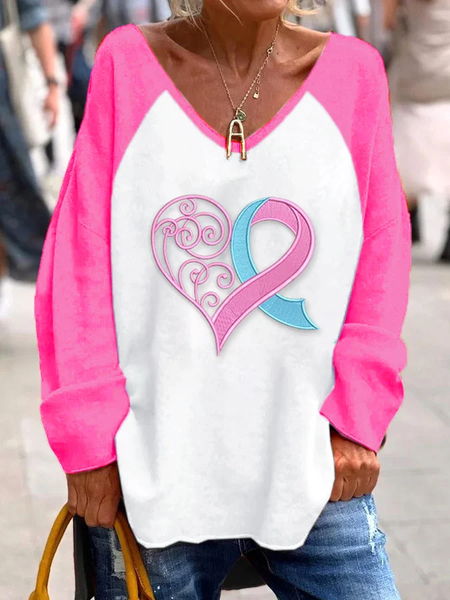 Women's Pink Breast Cancer Heart Loose Long Sleeve Shirt, Long sleeves