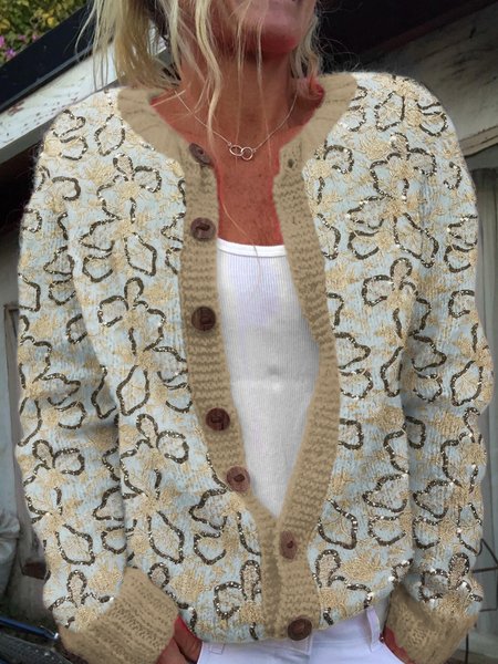 

Vintage flower button knit sweater, Khaki, Cardigans