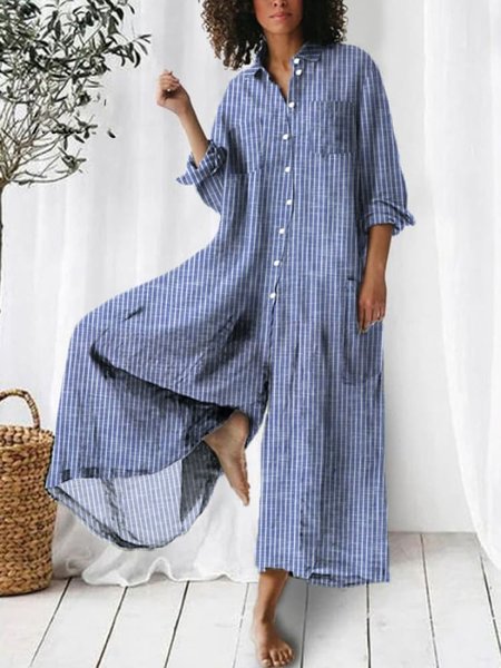 

Buttoned Casual Shawl Collar Striped Jumpsuit, Blue, Suits