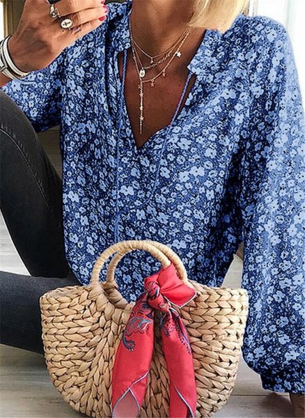 

V Neck Long Sleeve Floral Regular Micro-Elasticity Loose Blouse For Women, Blue, Blouses