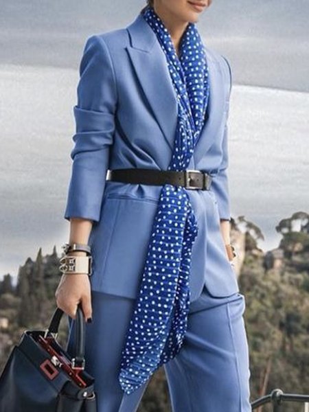 

Urban Plain Lapel Collar Regular Fit Blazer With No Belt, Blue, Blazers