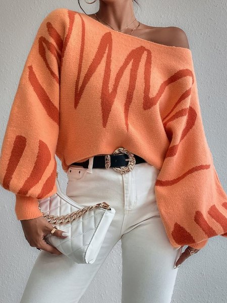

Abstract Stripes Balloon Sleeve Boat Neck Urban Sweater, Light orange, Pullovers