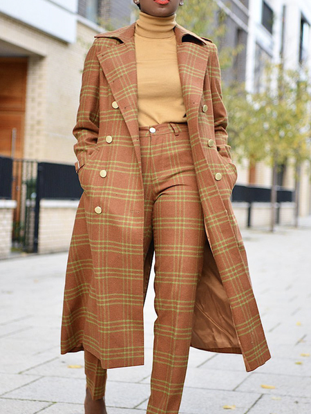 

Plaid Regular Sleeve Urban Lapel Collar Coat With Belt, Orange, Coats