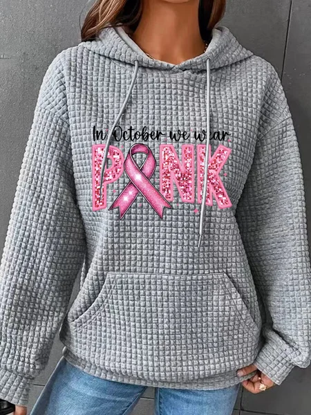 

In October We Wear Pink Embroidery Breast Cancer Awareness Simple Loose Hoodie, Gray, Hoodies&Sweatshirts