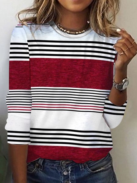 

Women's Long Sleeve Tee T-shirt Spring/Fall Striped Printing Jersey Crew Neck Daily Going Out Vintage Top, Wine red, T-Shirts