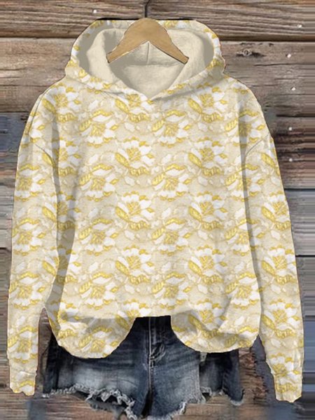 

Retro floral print comfortable sweatshirt, Yellow, Hoodies&Sweatshirts