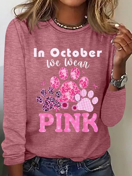 

In October We Wear Pink Dog Cat Paw Breast Cancer Dog Paws Casual Long Sleeve Shirt, Watermelon, Long sleeves