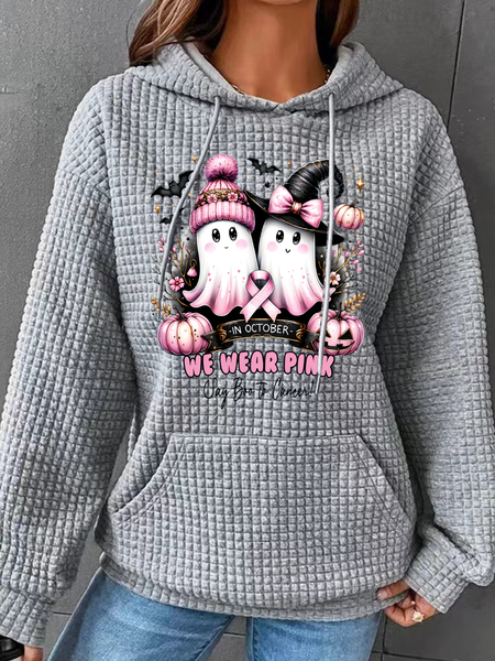 

In October We Wear Pink Ghost Breast Cancer Awareness Simple Loose Hoodie, Gray, Hoodies&Sweatshirts