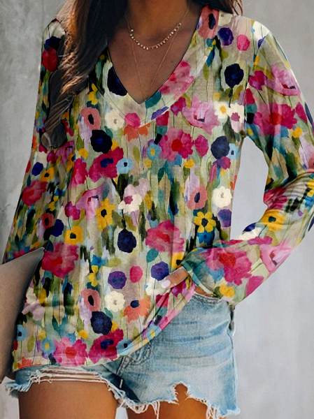 

V Neck Long Sleeve Floral Regular Micro-Elasticity Loose Blouse For Women, Multicolor, T-shirts