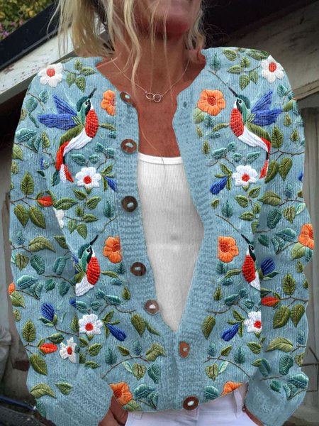 

Flower hummingbird art button knit cardigan, Light blue, Cardigans