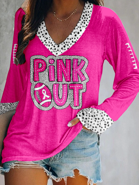 

Women's Pink Out Football Breast Cancer Printed V-Neck Long Sleeve Top, Long sleeves