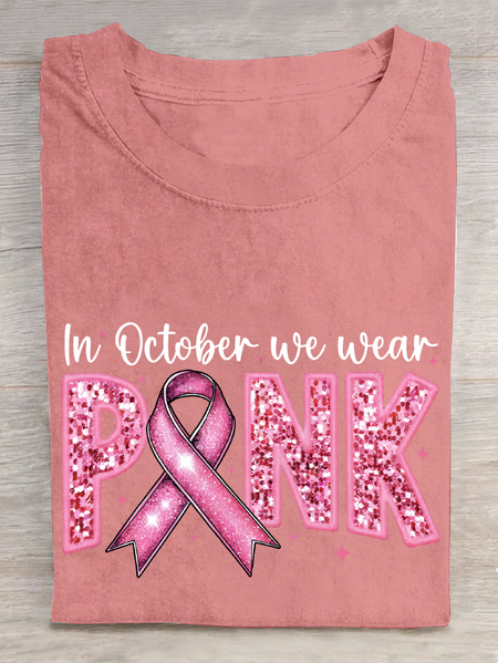 

In October We Wear Pink Embroidery Breast Cancer Awareness Cotton T-Shirt, Orange pink, T-shirts
