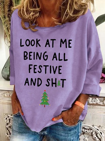 

Look At Me Being All Festive And Shit Print Casual Sweatshirt, Lavender, Hoodies&Sweatshirts