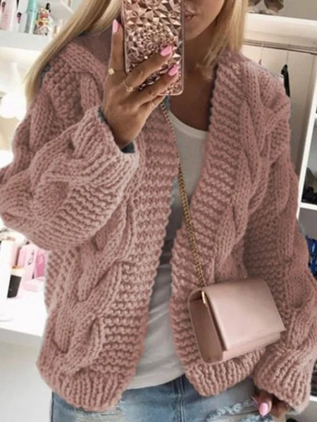 

Loose Casual Yarn/Wool Yarn Plain Hoodie Cardigan, Dusty pink, Sweaters & Cardigans