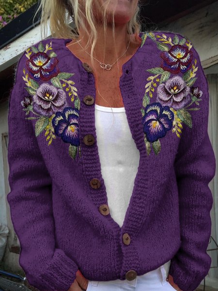 

Vintage floral art knitted button cardigan, Purple, Cardigans