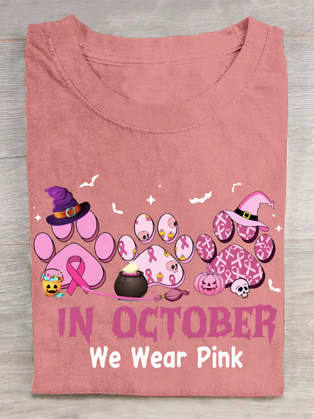 

In October We Wear Pink Halloween Fur Dogs Witch Breast Cancer Awareness Cotton T-Shirt, Orange pink, T-shirts