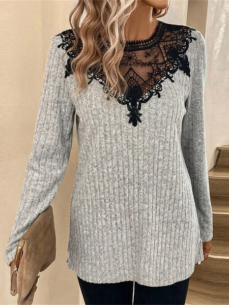 

Women's Long Sleeve Blouse Spring/Fall Plain Lace Crew Neck Daily Going Out Casual Top, Gray, Shirts & Blouses
