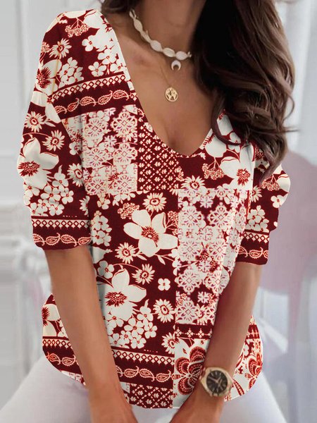 

Casual Floral V Neck Long Sleeve T-shirt, Red, T-shirts
