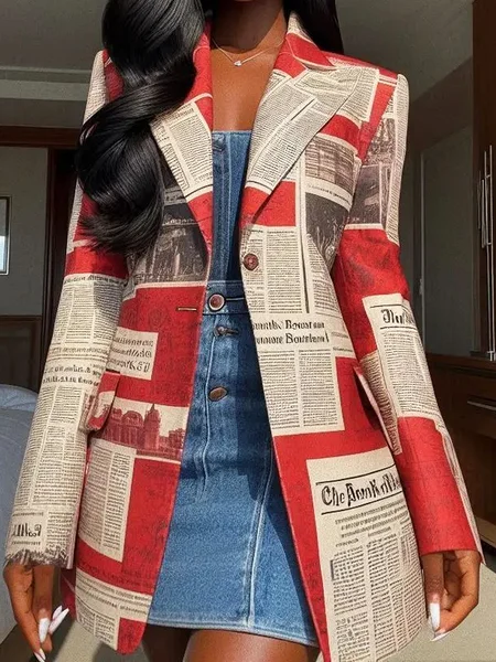

Lapel Collar Long Sleeve Urban Mid-long Blazer, As picture, Blazers
