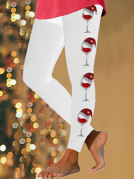 

Vintage Christmas Wine Glass Printing Long Leggings, White, Leggings