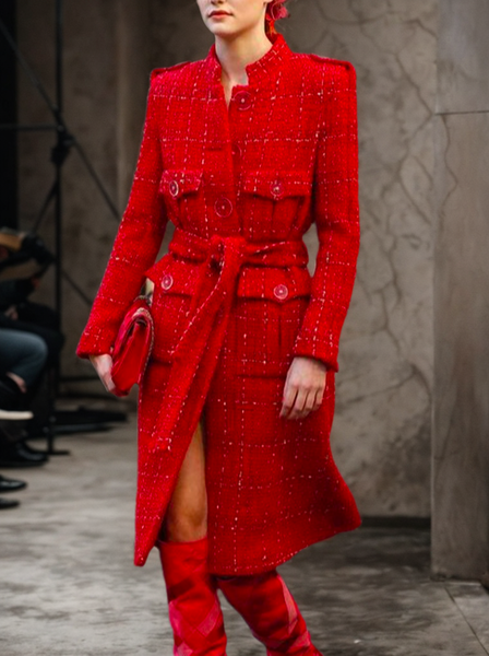 

Lapel Collar Abstract Graphic Elegant Coat With Belt, Red, Coats