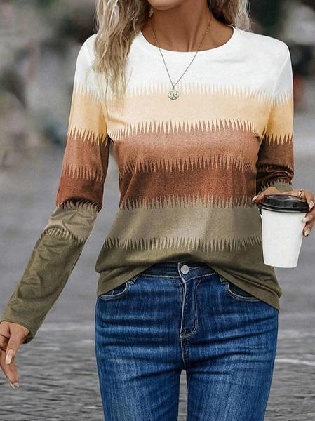 

Women's Contrast Color Geometric Design Casual T-Shirt, Brown, Long sleeves