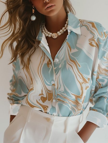 

Women's Long Sleeve Shirt Spring/Fall Gradient Pattern Printing Shirt Collar Daily Going Out Casual Top, Light blue, Shirts & Blouses