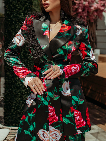 

Feather-Trimmed Regular Fit Floral Urban Regular Sleeve Blazer, As picture, Blazers