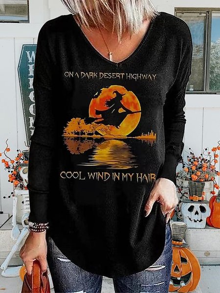 

Women's Long Sleeve Tee T-shirt Spring/Fall Halloween Printing Jersey V Neck Daily Going Out Vintage Top, Black, T-Shirts