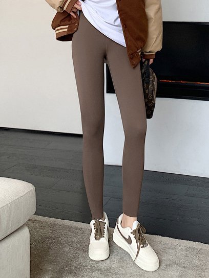 

Casual Tight Fleece Plain Leggings, Coffee, leggings