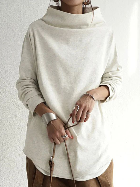 

Women Plain Mock Neck Linen Long Sleeve T-shirt, White, Long Sleeves